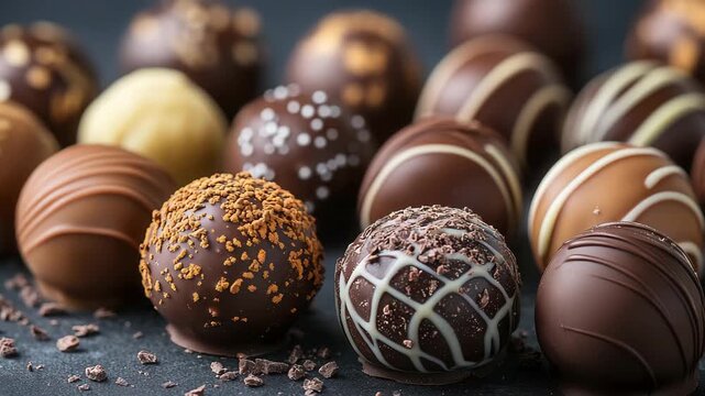 Delectable assortment of gourmet chocolate truffles displayed on dark surface inviting sweet indulgence