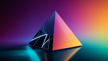 A colorful pyramid with a geometric design on one side against a vibrant gradient background