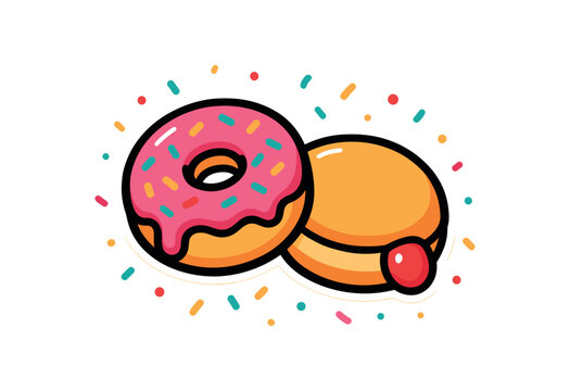 flat vector bold outline glossy brights white background sticker style neat spacing confetti sprinkles ring donut icing drip jelly donut