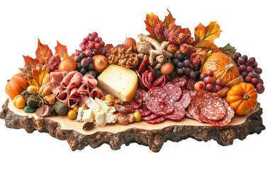 Festive holiday meat and cheese platter arranged creatively for Thanksgiving celebration isolated on transparent background PNG