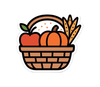 flat vector bold outline fall basket white background sticker style balanced straw dots basket with pumpkin and