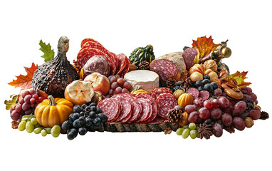 Decorative charcuterie display featuring Thanksgiving-inspired flavors and rustic presentation isolated on transparent background PNG