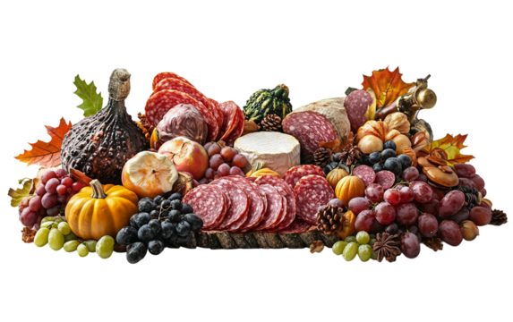 Decorative charcuterie display featuring Thanksgiving-inspired flavors and rustic presentation isolated on transparent background PNG