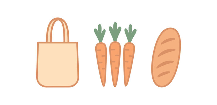Flat vector illustration canvas tote carrots bread loaf grocery run vibe pastel colors 3x1 grid equal spacing isolated on white full objects visible