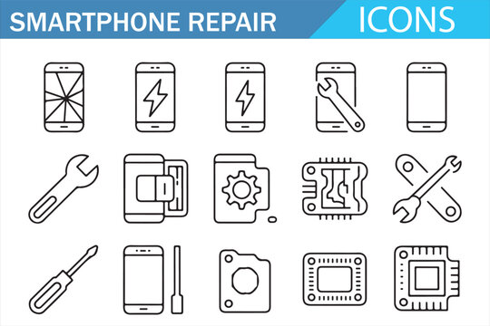 Outline smartphone service icon pack for electronics and repair branding