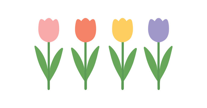 Flat vector illustration four simple tulip stems seasonal essentials style pastel colors spring vibe 4x1 grid equal spacing isolated on white full objects visible