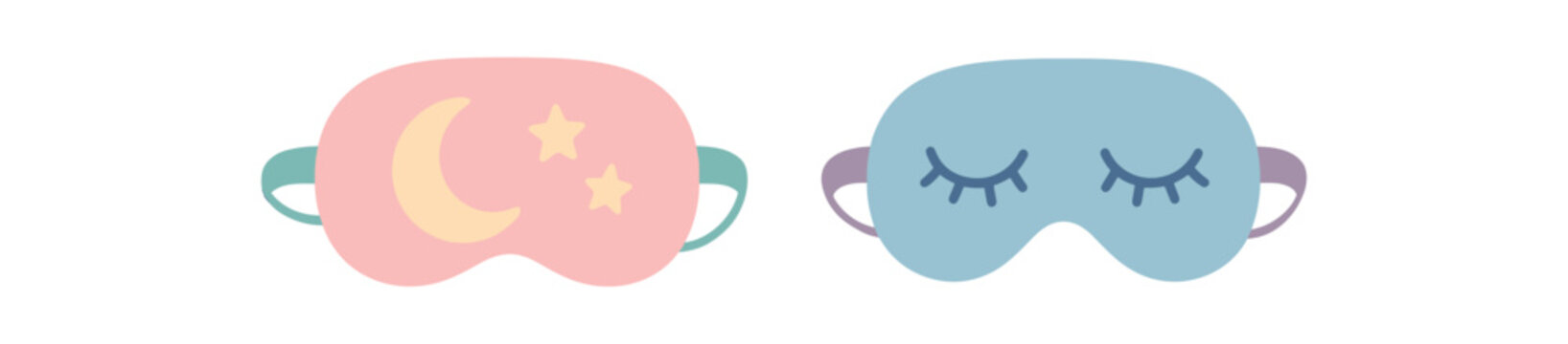 Flat vector illustration two sleep masks night mindfulness style pastel colors soft curves 2x1 grid equal spacing isolated on white full objects visible