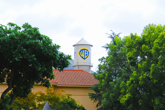 Burbank, California - October 13, 2025: The Warner Bros. Water Tower - a historic water tower located at the Warner Bros. Studios.