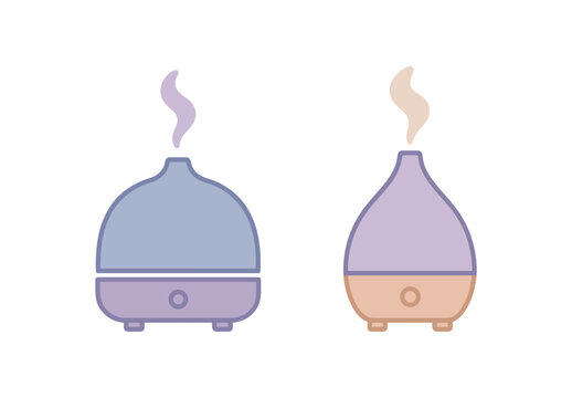 Flat vector illustration two aroma diffusers sleep routine style pastel colors soft domes 2x1 grid equal spacing isolated on white full objects visible