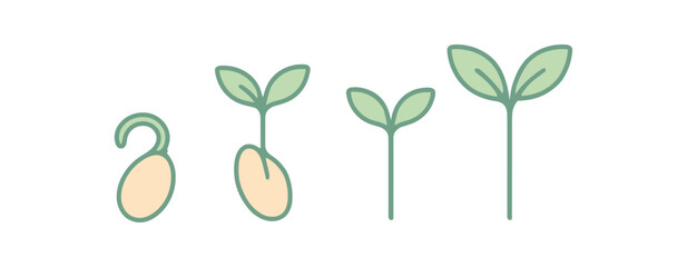 Flat vector illustration four sprouting seeds (growth) conceptual focus flow style pastel colors 4x1 grid equal spacing minimal details isolated on white