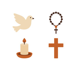 Obraz premium 4 decorative faith icons dove rosary candle cross flat vector illustration modern minimal style warm tones