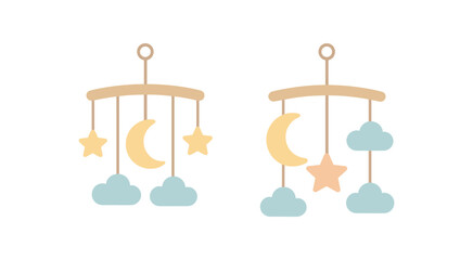 Flat vector illustration two crib mobiles cute nursery style pastel colors moon cloud shapes 2x1 grid equal spacing isolated on white