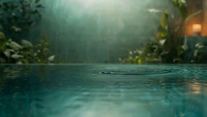 A serene view of water ripples with lush greenery and soft lighting in the background creating a peaceful scene