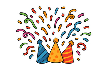 Party hats with vibrant stripes and polka dots having colorful confetti and streamers exploding upwards for celebrations