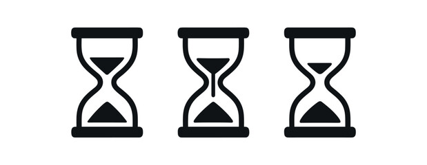 Flat vector illustration three sand timers black and white solid black icon style night mindfulness theme 3x1 grid equal spacing clean silhouettes isolated on white