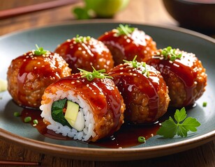 Delicious teriyaki sushi balls served on a plate, a culinary fusion delight