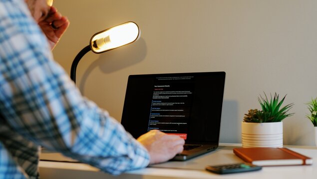 Middle-Aged Man Taking Employee Assistance Plan Web Application Assessment - Emplorer Covered Health Insurance EAP Quiz Concept