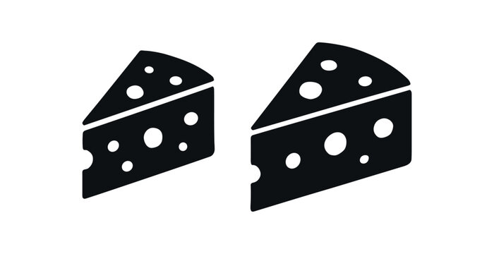 Flat vector illustration two cheese wedges black and white solid black icon style filmfree and packagefree 2x1 grid equal spacing isolated on white