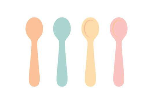 Flat vector illustration four baby spoons cute nursery style pastel colors smooth handles 4x1 grid equal spacing isolated on white