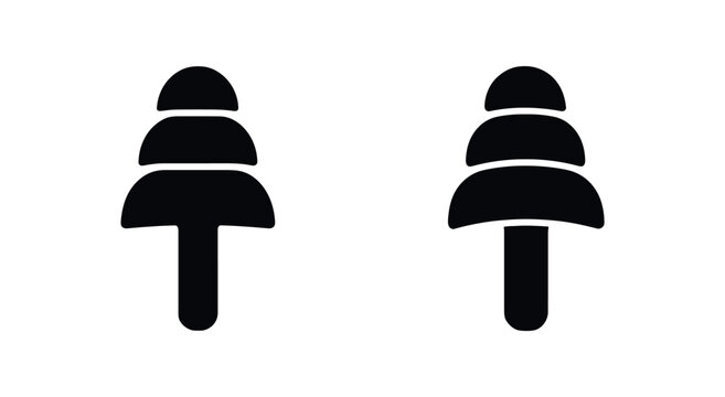 Flat vector illustration two earplug sets black and white solid black icon style night mindfulness theme 2x1 grid equal spacing clean silhouettes isolated on white