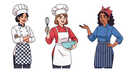 Set of vector illustrations of female chefs in cooking poses, perfect for culinary training, restaurant marketing, baking tutorials, and food service branding