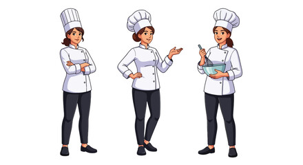 Set of vector illustrations of female chefs in cooking poses, perfect for culinary training, restaurant marketing, baking tutorials, and food service branding