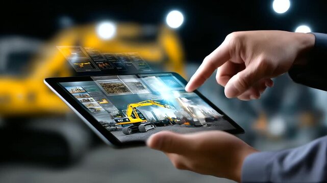 Faceless user browsing digital construction equipment catalog projected in the air, depth-of-field background softly blurred, futuristic retail experience, with copy space