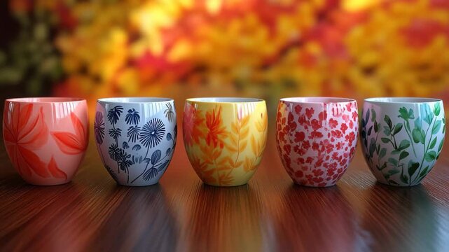 Colorful ceramic tea cups arranged in a row on a wooden table surrounded by vibrant autumn foliage