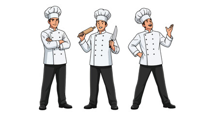 Set of vector illustrations of male chefs holding dishes and tools, ideal for restaurant branding, culinary school materials, and food service marketing