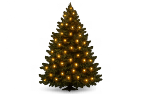 Christmas tree with golden lights, holiday decoration for winter season, festive celebration with evergreen sprucetree