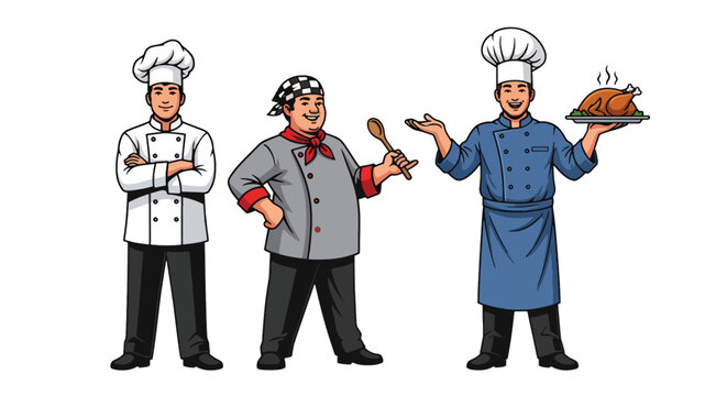 Set of vector illustrations of male chefs holding dishes and tools, ideal for restaurant branding, culinary school materials, and food service marketing