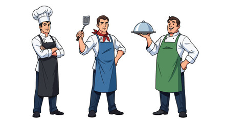 Set of vector illustrations of male chefs holding dishes and tools, ideal for restaurant branding, culinary school materials, and food service marketing
