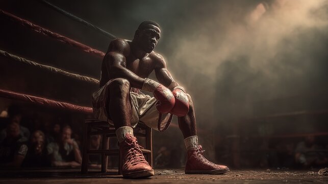 Cinematic portrait of a tired, focused boxer sitting on a stool in a dimly lit boxing ring between rounds, reflecting on the fight.