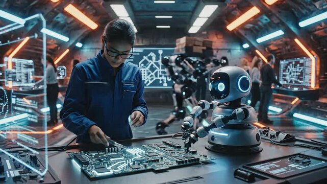 Woman working on circuit board with robot assistant inside futuristic workshop