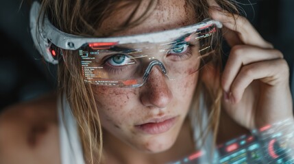 Close-up of a young woman wearing futuristic Augmented Reality glasses with glowing holographic data overlays, focused on the digital interface.