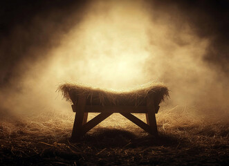  manger, with an empty cradle and straw in the background, illuminated by soft light from above