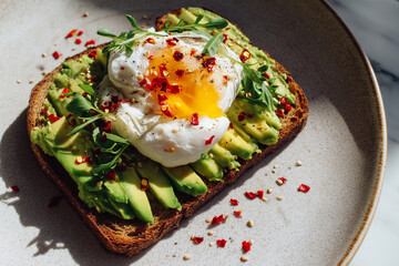 Crisp toast layered with sliced avocado, a poached egg, chili flakes, and greens, photographed in soft daylight for appetizing culinary and breakfast visuals.