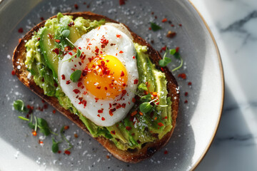 Avocado toast topped with a sunny poached egg, chili flakes, and microgreens on a plate, captured in bright natural light for fresh breakfast or food content.