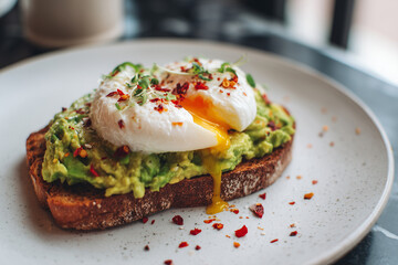 Toasted bread topped with mashed avocado and soft poached eggs with dripping yolk and chili flakes, styled on a plate for vibrant breakfast imagery.