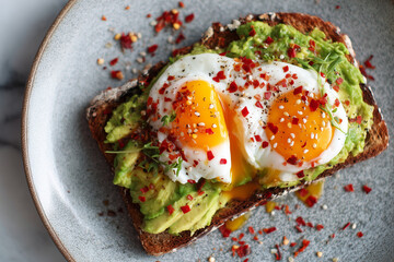 Avocado toast served with two poached eggs, runny yolks, chili flakes, and herbs on a textured plate, photographed in natural light for food and breakfast themes.