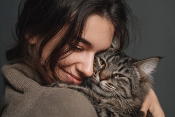 Beautiful Woman Gently Hugging Adorable Domestic Cat Indoors