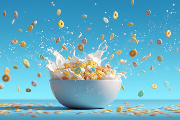 Colorful cereal in a bowl with milk splashing upward, pieces flying through the air against a bright blue background, captured in dynamic motion for energetic food visuals.