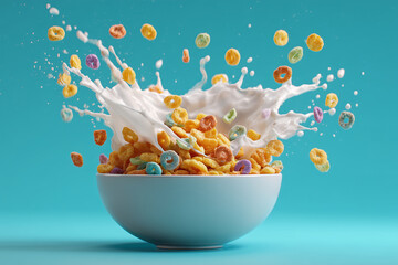 Colorful cereal pieces burst upward as milk splashes from a bowl, creating a lively motion shot against a clean blue background for dynamic breakfast visuals.