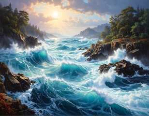 Dramatic seascape with turbulent turquoise waves crashing against rocky cliffs