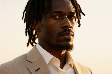 A striking fashion portrait captures a young Black man with dreadlocks wearing a beige suit jacket under warm, golden sunset lighting.