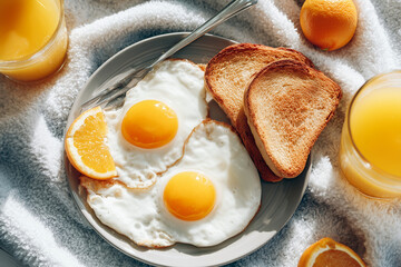 Two sunny-side-up eggs with toast, served with orange juice and orange slices on a textured surface, captured in warm natural morning light.