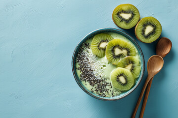Healthy smoothie bowl filled with kiwi slices and chia seeds on a blue background, styled with wooden spoons for fresh, modern food presentation.