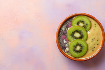 Smoothie bowl topped with kiwi slices, chia seeds, and berries on a pastel textured surface, photographed in soft daylight for vibrant, healthy food imagery.