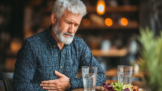 Middle-aged man with sharp stomach or abdominal pain, clutching his side at a dining table after a meal, representing issues like indigestion, heartburn, or ulcers.