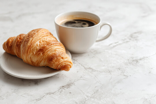 Fresh croissant served on a plate beside a cup of black coffee on a marble surface, captured in bright natural light for clean, minimal breakfast imagery.